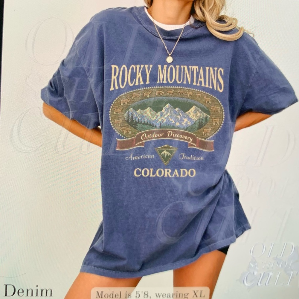 Rocky Mountains Colorado Graphic Tshirt - Denim Small-XL
